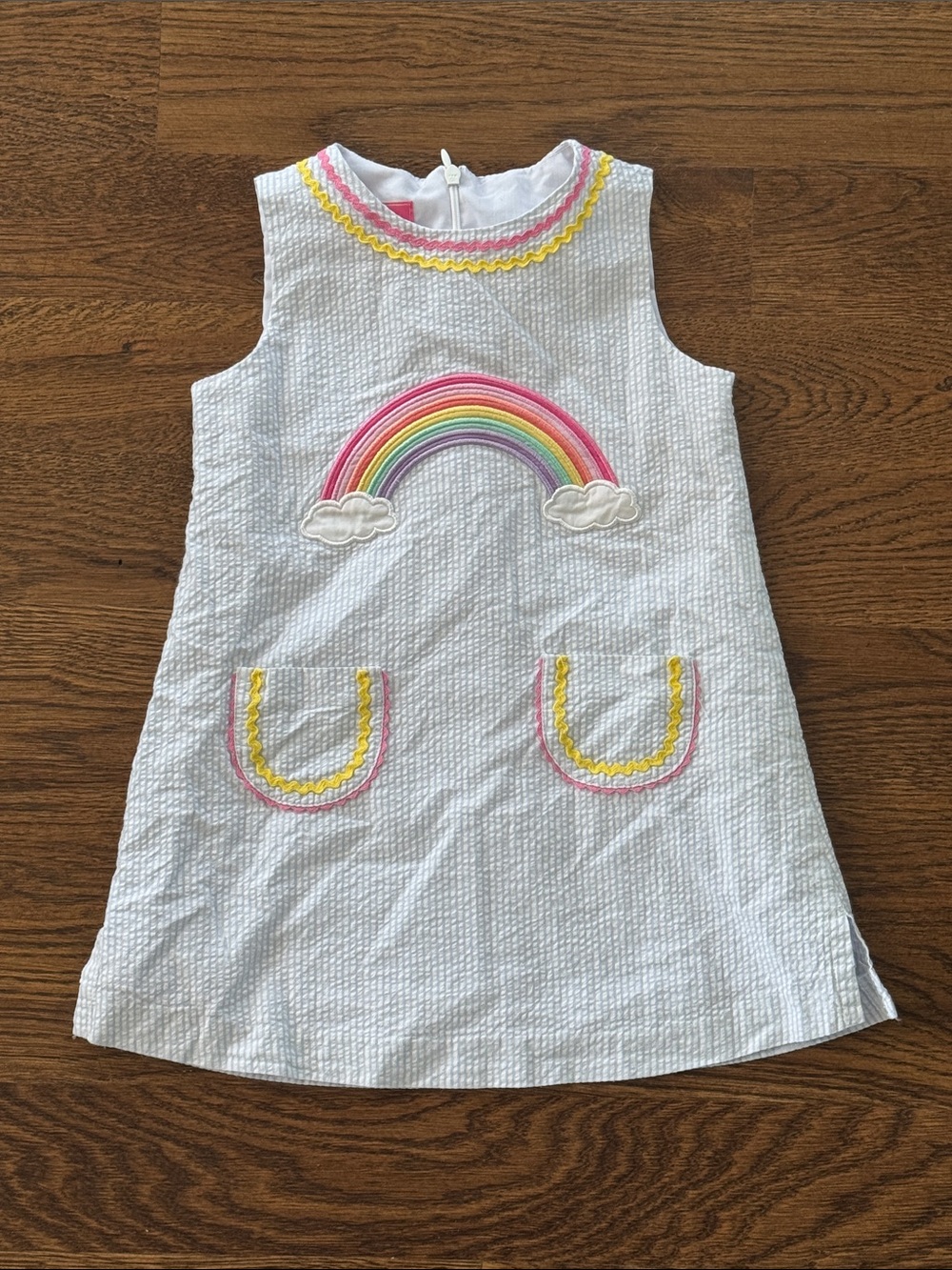 Claire & Charlie Light Blue Seersucker Embroidered Rainbow & Ruffle trim Pockets